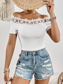 SHEIN VCAY 一字肩鏤空蕾絲花邊T恤 - 白色 - 查看 2