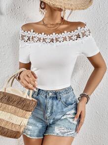 SHEIN VCAY 一字肩鏤空蕾絲花邊T恤 - 白色 - 查看 1