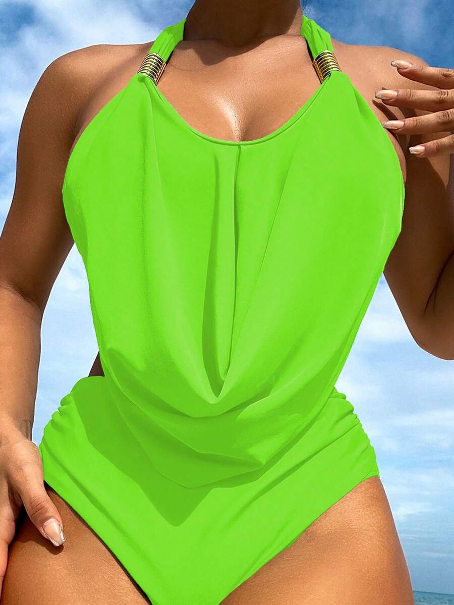 Neon Lime Ruched Halter Tankini Summer Beach - Lime Green - View 1