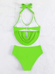 Neon Lime Ruched Halter Tankini Summer Beach - Lime Green - View 3
