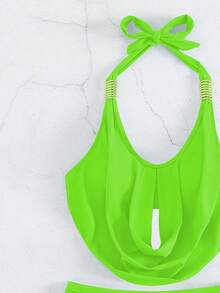 Neon Lime Ruched Halter Tankini Summer Beach - Lime Green - View 4