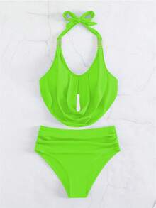 Neon Lime Ruched Halter Tankini Summer Beach - Lime Green - View 5