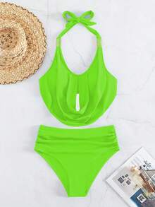 Neon Lime Ruched Halter Tankini Summer Beach - Lime Green - View 6
