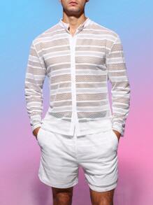 Manfinity Fever City Men Hollow Out Shirt & Shorts - White - View 7