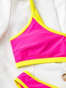 SHEIN Swim Summer Beach Contrast Neon Trim Wireless Bikini Set - Hot Pink - View 4