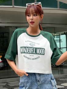 DAZY Letter Graphic Raglan Sleeve Tee - Green - View 1