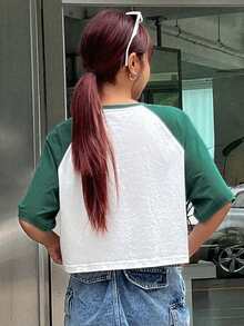 DAZY Letter Graphic Raglan Sleeve Tee - Green - View 2