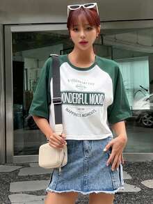 DAZY Letter Graphic Raglan Sleeve Tee - Green - View 3
