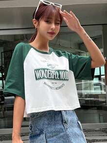 DAZY Letter Graphic Raglan Sleeve Tee - Green - View 4