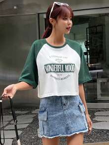 DAZY Letter Graphic Raglan Sleeve Tee - Green - View 5