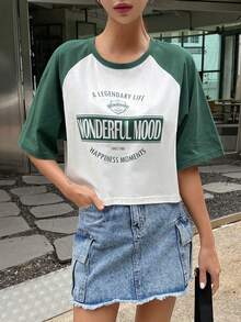 DAZY Letter Graphic Raglan Sleeve Tee - Green - View 6