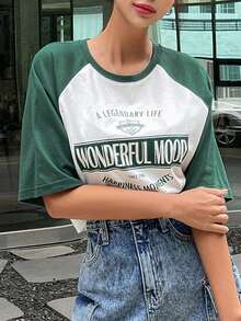 DAZY Letter Graphic Raglan Sleeve Tee - Green - View 7