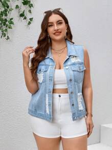 SHEIN Essnce Áo Jacket Denim Plus Size Túi Bị tách Nút phía trước màu trơn Giải trí - Rửa nhẹ - Xem 1