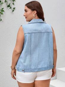 SHEIN Essnce Áo Jacket Denim Plus Size Túi Bị tách Nút phía trước màu trơn Giải trí - Rửa nhẹ - Xem 2