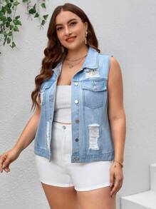 SHEIN Essnce Áo Jacket Denim Plus Size Túi Bị tách Nút phía trước màu trơn Giải trí - Rửa nhẹ - Xem 3