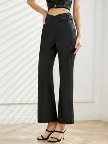 不對稱腰帶帶扣細節喇叭褲 - 黑色 - 查看 1