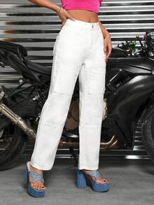 SHEIN ICON Jeans mit geradem Beinschnitt, hoher Taille, Tasche Flicken,