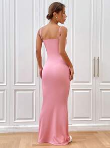 SHEIN EZwear Summer Pink Dress Solid Ruched Bust Cami Dress - Pink - View 2