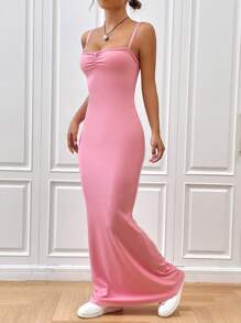 SHEIN EZwear Summer Pink Dress Solid Ruched Bust Cami Dress - Pink - View 4