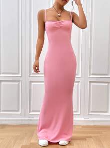 SHEIN EZwear Summer Pink Dress Solid Ruched Bust Cami Dress - Pink - View 5
