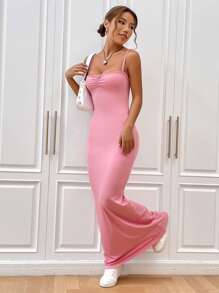 SHEIN EZwear Summer Pink Dress Solid Ruched Bust Cami Dress - Pink - View 6