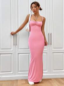 SHEIN EZwear Summer Pink Dress Solid Ruched Bust Cami Dress - Pink - View 7