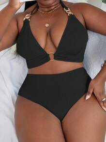 Slaydiva Summer Beach Plus Size Ring Linked Halter Bikini Set - Black - View 1