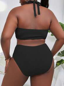 Slaydiva Summer Beach Plus Size Ring Linked Halter Bikini Set - Black - View 2