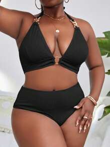 Slaydiva Summer Beach Plus Size Ring Linked Halter Bikini Set - Black - View 3