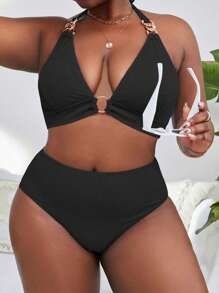 Slaydiva Summer Beach Plus Size Ring Linked Halter Bikini Set - Black - View 5
