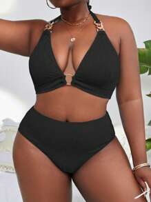 Slaydiva Summer Beach Plus Size Ring Linked Halter Bikini Set - Black - View 6