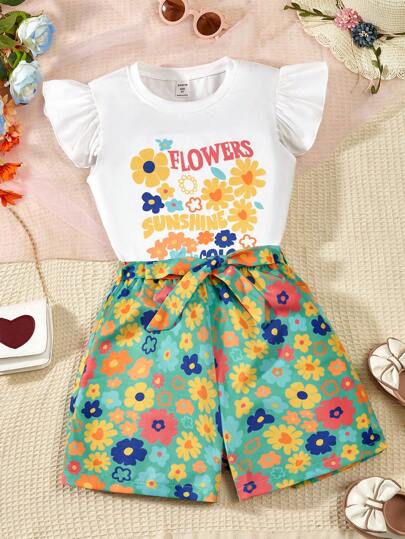 SHEIN 女大童花卉和字母圖案荷葉邊T恤和附腰帶短褲