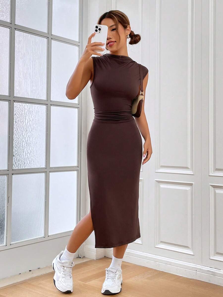 SHEIN EZwear Mock Neck Split Thigh Dress - Coffee Brown - View 1