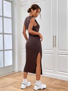 SHEIN EZwear Mock Neck Split Thigh Dress - Coffee Brown - View 2