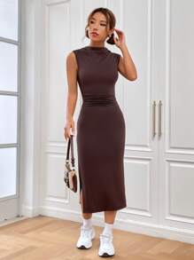 SHEIN EZwear Mock Neck Split Thigh Dress - Coffee Brown - View 3