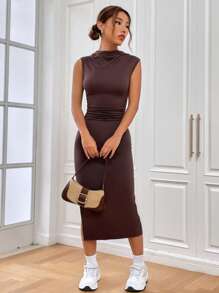 SHEIN EZwear Mock Neck Split Thigh Dress - Coffee Brown - View 6