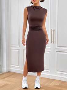 SHEIN EZwear Mock Neck Split Thigh Dress - Coffee Brown - View 7