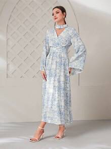 Modelyn Đầm Cắt ra Trọn gói Tất cả trên in Thanh lịch - Xanh và trắng - Xem 4