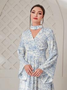 Modelyn Đầm Cắt ra Trọn gói Tất cả trên in Thanh lịch - Xanh và trắng - Xem 5