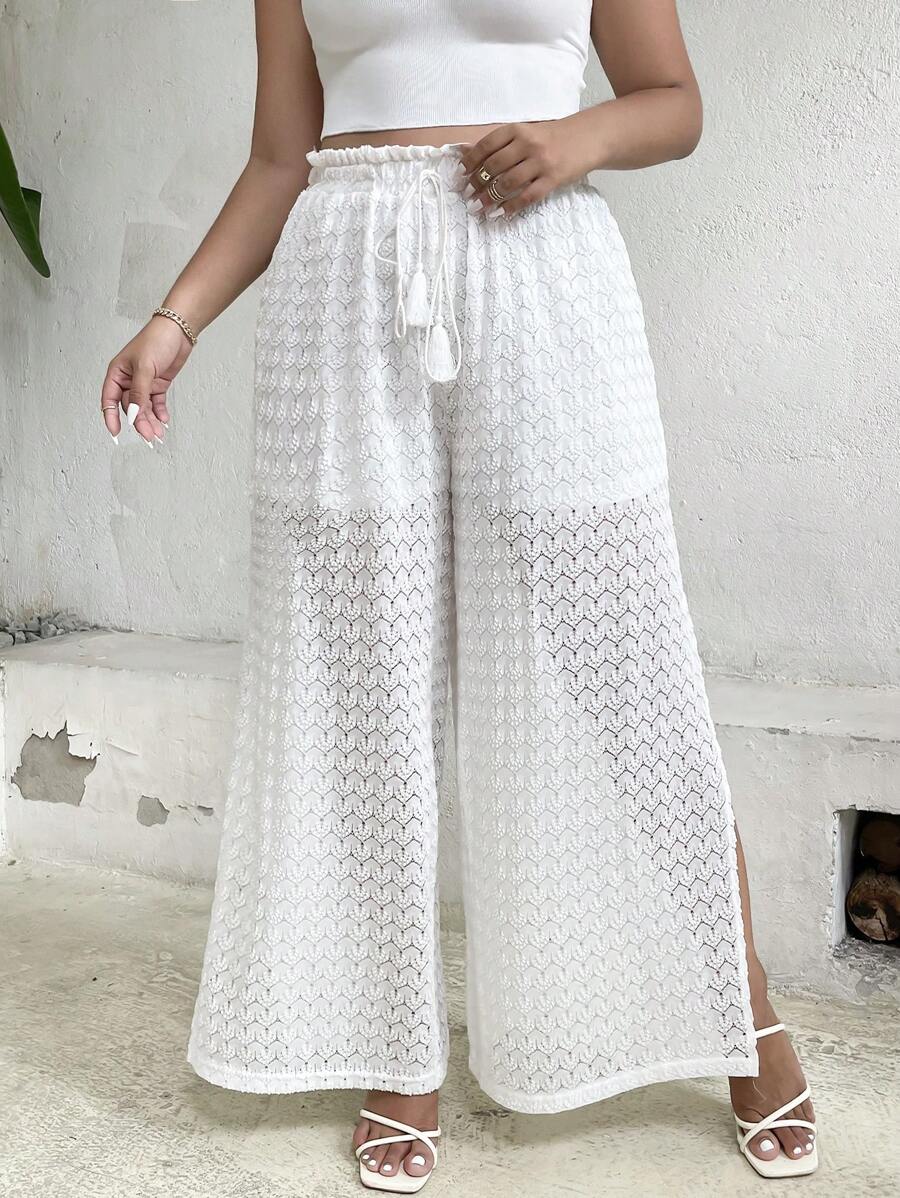 SHEIN Holidaya Quần Plus Size Chia Quần paper-bag màu trơn Giải trí - trắng - Xem 1