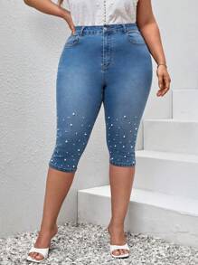 SHEIN Essnce Quần Denim kích thước lớn cườm đính Nút Ngọc trai Túi Dây kéo màu trơn - Rửa trung bình - Xem 2