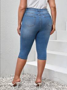 SHEIN Essnce Quần Denim kích thước lớn cườm đính Nút Ngọc trai Túi Dây kéo màu trơn - Rửa trung bình - Xem 3