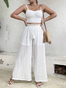 SHEIN Holidaya Quần Plus Size Chia Quần paper-bag màu trơn Giải trí - trắng - Xem 3