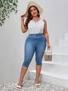 SHEIN Essnce Quần Denim kích thước lớn cườm đính Nút Ngọc trai Túi Dây kéo màu trơn - Rửa trung bình - Xem 4