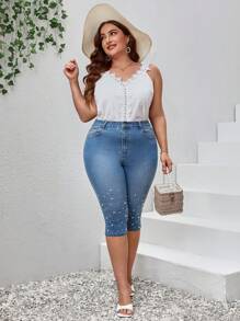 SHEIN Essnce Quần Denim kích thước lớn cườm đính Nút Ngọc trai Túi Dây kéo màu trơn - Rửa trung bình - Xem 1