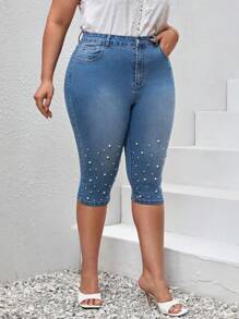 SHEIN Essnce Quần Denim kích thước lớn cườm đính Nút Ngọc trai Túi Dây kéo màu trơn - Rửa trung bình - Xem 5
