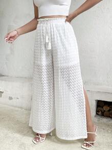 SHEIN Holidaya Quần Plus Size Chia Quần paper-bag màu trơn Giải trí - trắng - Xem 5