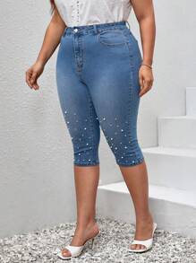 SHEIN Essnce Quần Denim kích thước lớn cườm đính Nút Ngọc trai Túi Dây kéo màu trơn - Rửa trung bình - Xem 6