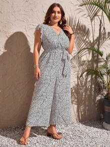 SHEIN Clasi 大碼斑點印花腰帶闊腿連體褲 - 黑與白 - 查看 4