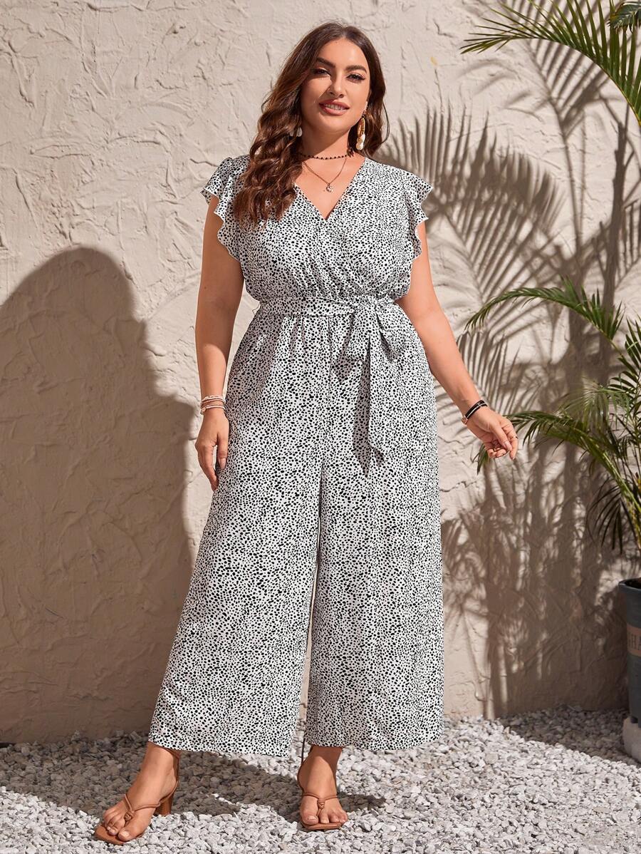 SHEIN Clasi 大碼斑點印花腰帶闊腿連體褲 - 黑與白 - 查看 1